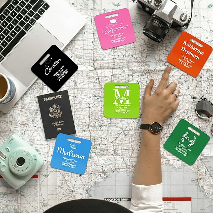 Personalized Luggage Tags for Suitcases,Custom Acrylic Tags with Hole & Steel Loop for Travel,Backpacks,Golf,Bagwine Cup,Waterproof (Black)