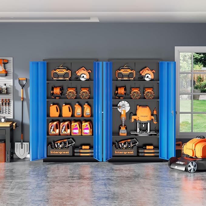 INTERGREAT Metal Storage Cabinet with Doors, 72" Locking Steel Storage Cabinet with Shelves, Tall Metal Cabinet Lockable Steel Cabinets for Home Office, Garage,(Black+Blue)