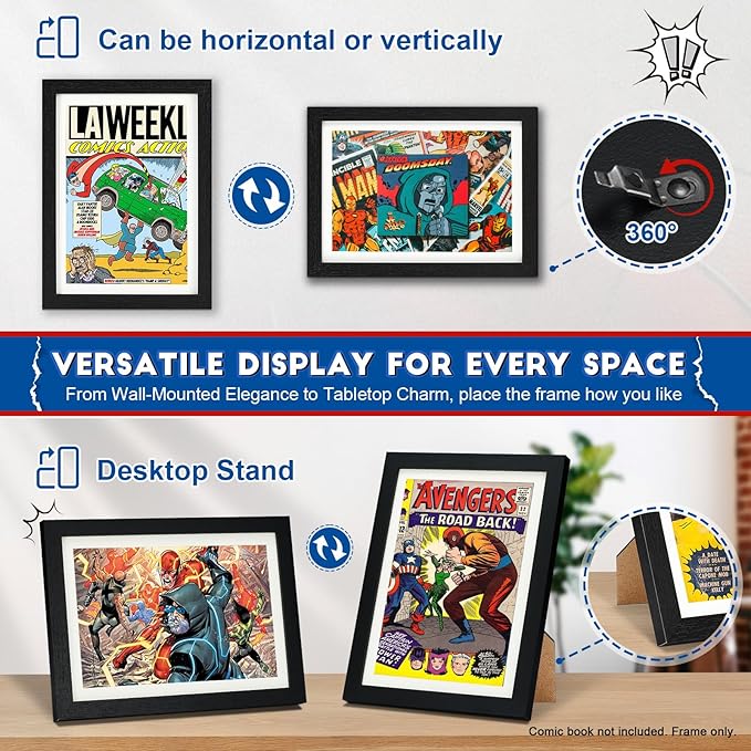 JupDec Comic Book Frame, Premium Wood Display Case for 6 11/16" × 10 3/16" Comic, Wall Mount or Tabletop Stand, Layered Design with Positioning Mat, Perfect for Home Decor, 2 Pack, White