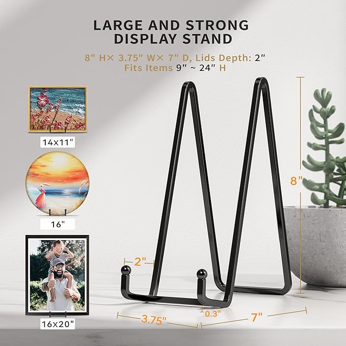 4 Pack 8 Inch Large Plate Stands for Display - Metal Square Wire Plate Holder Display Stand + Picture Stand for Book, Platter, Plaque, Photo Easel