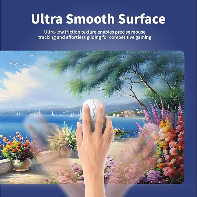 Extended XXL Gaming Mouse Pad with Stitched Edges - Sailing Boats Seaside Paradise Vibrant Flowers Blossoms Haven Scenery by The Calm Blue Sea, Smooth Fabric Surface Anti-Slip Base Large Desk Mat