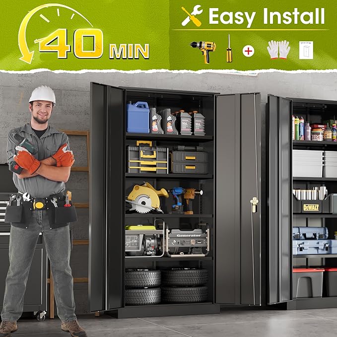 Greenvelly Metal Lockable Storage Cabinet, 72” Tall Storage Cabinet with 2 Doors and 4 Adjustable Shelves for Office, Home, Garage, Pantry (Assembly Required, 18”D, Black)