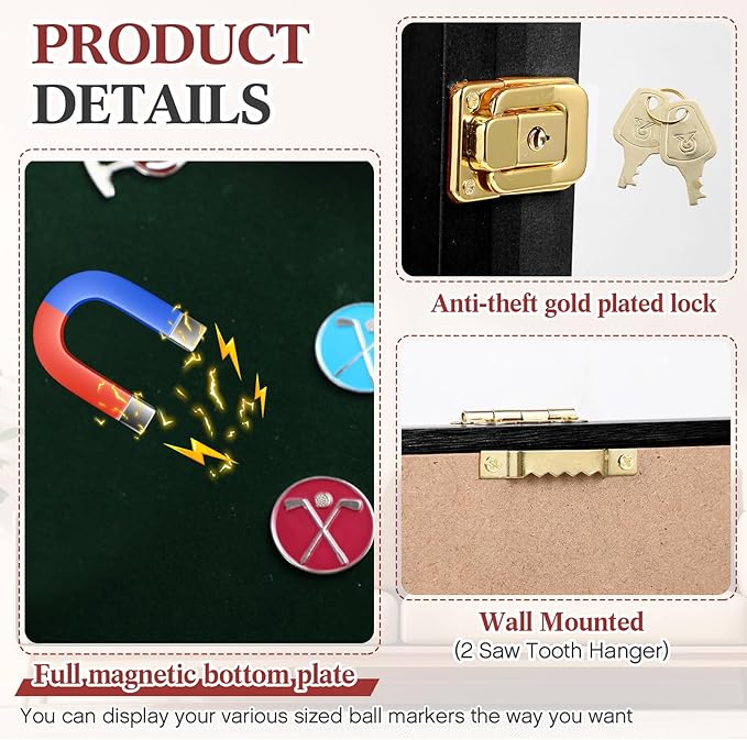 40 Golf Ball Marker Display Case Full Magnetic Backing 15.5" W x 9.5" H Wall Mount Wooden W/98% UV Acrylic Door Lockable Storage Display Box for Ball Marker Collection(Black)