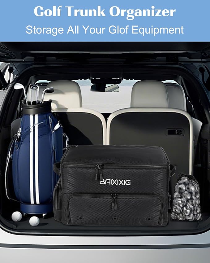 Golf Trunk Organizer, Waterproof Car Golf Locker with Separate Ventilated Compartment for 2 Pair Shoes, Golf Storage for Balls, Tees, Cap, Clothes, Gloves, Accessories, Gifts for Men, Women
