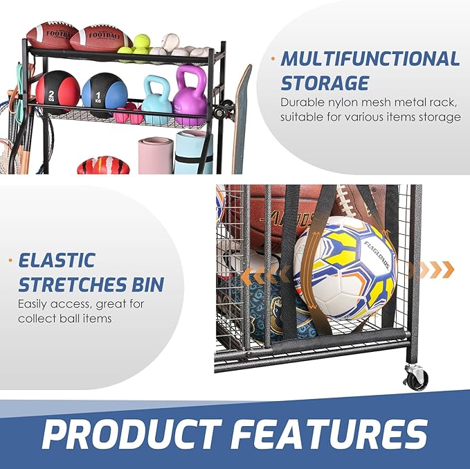 PLKOW Sports Equipment Storage for Garage, Indoor/Outdoor Sports Rack for Garage, Ball Storage Garage Organizer with Basket and Hooks,Toy/Sports Gear Storage