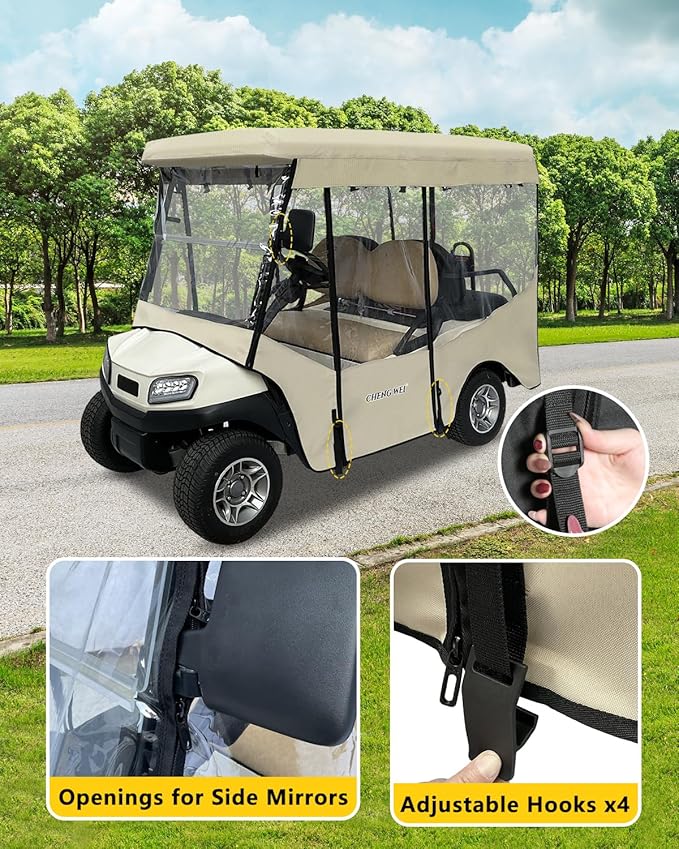 Golf Cart Enclosure 4 Passenger Extended Roof 88 inch for Club Car Tempo Precedent Onward,600D Clear Rain Cover Driving Enclosures,Full Roll Up 4 Sided Transparent Windows&Door Side Mirrors Openings