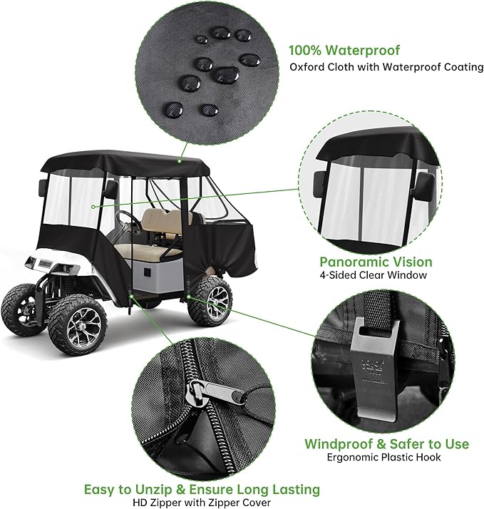 10L0L 2/4 Passenger Golf Cart Driving Enclosure for EZGO TXT/RXV Model, 4-Sided Clear Window 600D Rain Cover All Weather Windproof Waterproof - Black/Beige