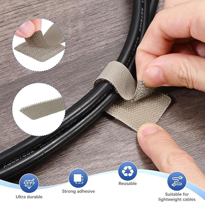 100-Pack Hook and Loop Cable Ties, 3.5 x 1.1 Inch Adjustable Self-Adhesive Cord Organizer for Desk/Home/Wall/Office Essentials, Cable Management Under Desk [Beige]