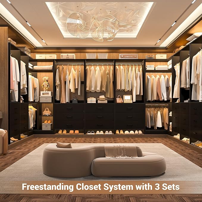 Aheaplus Closet System with 3 Drawers, 2 Hanging Rods & Corner Tower, Corner Closet System with Hanging, L-Shaped Walk-In Wardrobe Organizer, 1300+ lbs Capacity, Set of 2, Black