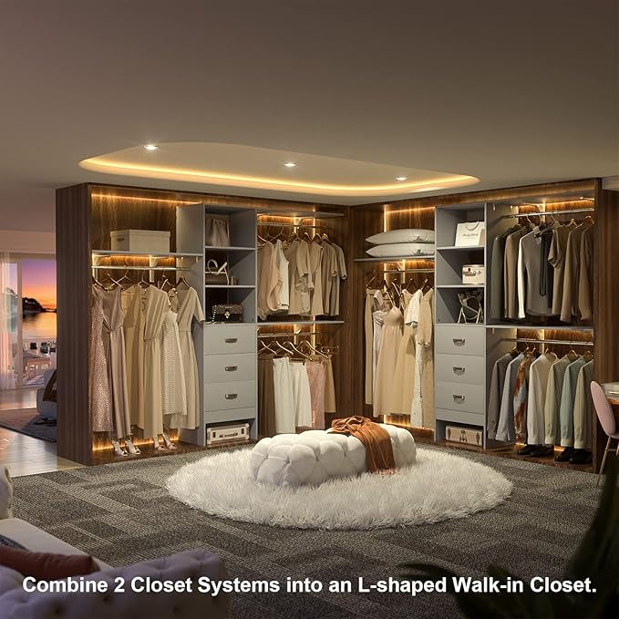 8FT Closet System, 96'' Closet Organizer System with 3 Hanging Rods, Wall Mount Bedroom Wardrobe with 3 Drawers Walk-in Closet, Adjustable Cloth Garment Rack from 5 to 8FT (Cut to Fit), Grey