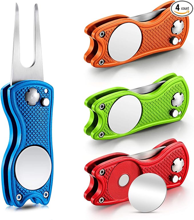 Skylety 4 Pcs Golf Divot Repair Tool Metal Foldable Golf Divot Tool with Magnetic Pop-up Button Ball Marker Stainless Steel Switchblade for Golfers Prizes