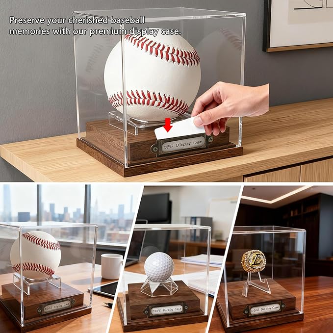 Baseball Case Display for Balls Walnut Wood Base Acrylic Baseball Display Case Baseball Holder Stand Cube Memorabilia Showcase Autograph Ball Protector (2 Pack Baseball)
