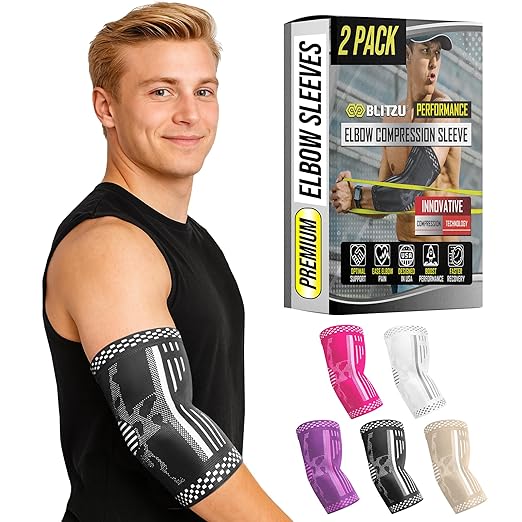 BLITZU Elbow Compression Sleeve for Tendonitis 2 Pack, Tennis Elbow Brace Support for Men and Women Golfers Elbow Pain Relief, Arthritis, Bursitis, Arm Brace for Workout, Weightlifting Black L