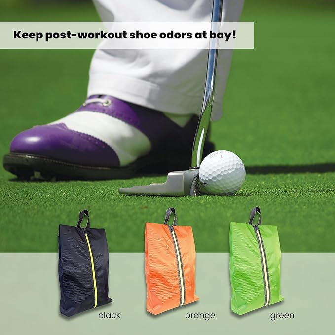 Golf Smell Proof Shoe Bag Lightweight Waterproof Zippered Sport Shoe Carrier Bags Golf Soccer Shoe Storage Organizer for Gym Sports Travel Work Golf Aceesories (Green, US size 14)