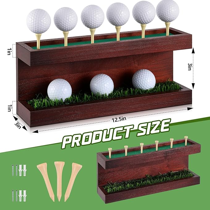 Menkxi Rustic Wood Golf Ball Holder 12.5 x 3 Inch Wall Mounted Vintage Display Stand Floating Shelf with Golf Tees for Christmas Storage Party Decor Supplies