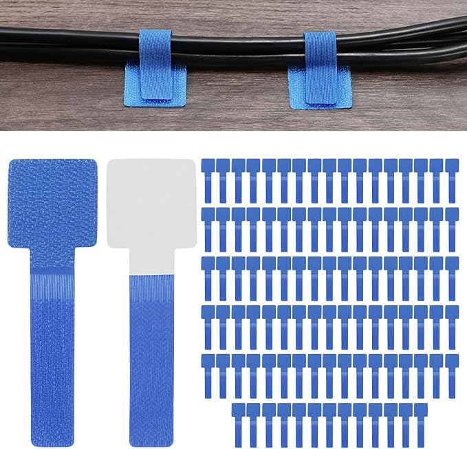 100-Pack Hook and Loop Cable Ties, 3.5 x 1.1 Inch Adjustable Self-Adhesive Cord Organizer for Desk/Home/Wall/Office Essentials, Cable Management Under Desk [Blue]