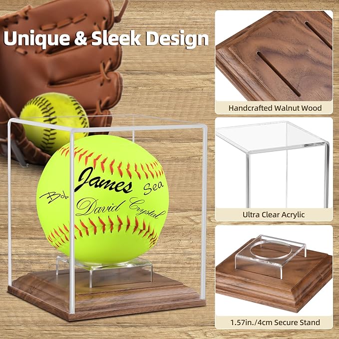 Softball Display Case Walnut Wood Base Acrylic Softball Case Display For Balls Uv Protection Softball Holder Cube Box Stand Memorabilia Autograph Ball, Ideal Gift For Official Size Single Ball Display