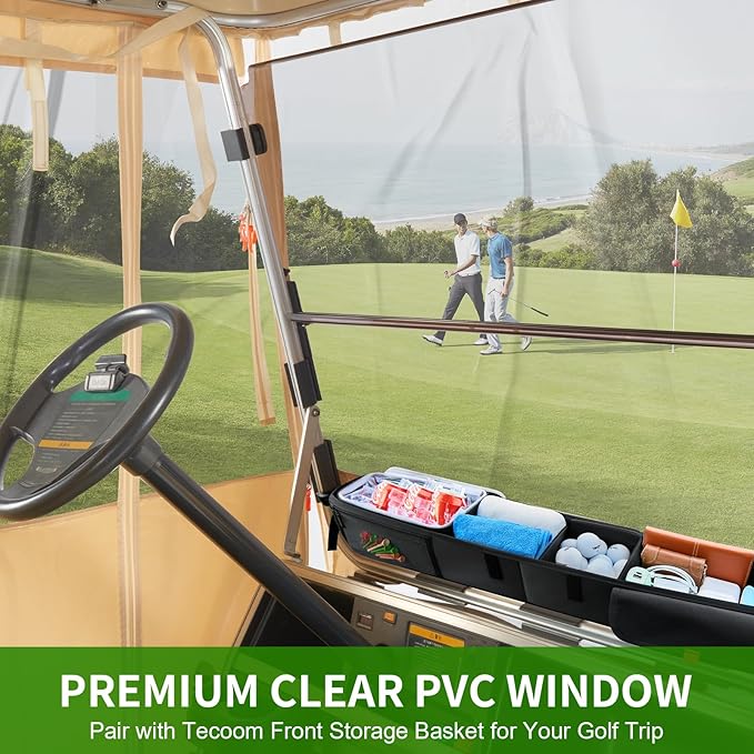 Tecoom Golf Cart Enclosure 2 Passenger, Rain Cover 600D Oxford Waterproof Snowproof, 4 Door Zippers, Clear Windows & 8 Windproof Hooks, Fit for EZGO, Yamaha, Club Car, 59'' Roof Length, Beige