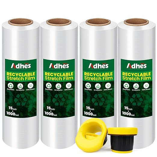 Adhes Recyclable Stretch Wrap Film with Handle, 15 Inch x 1000 Feet, 4Rolls Heavy Duty Plastic Pallet Wrap for Furniture Moving, Luggage Packing, Pallet Wrap, Eco-Friendly, Tear Resistant