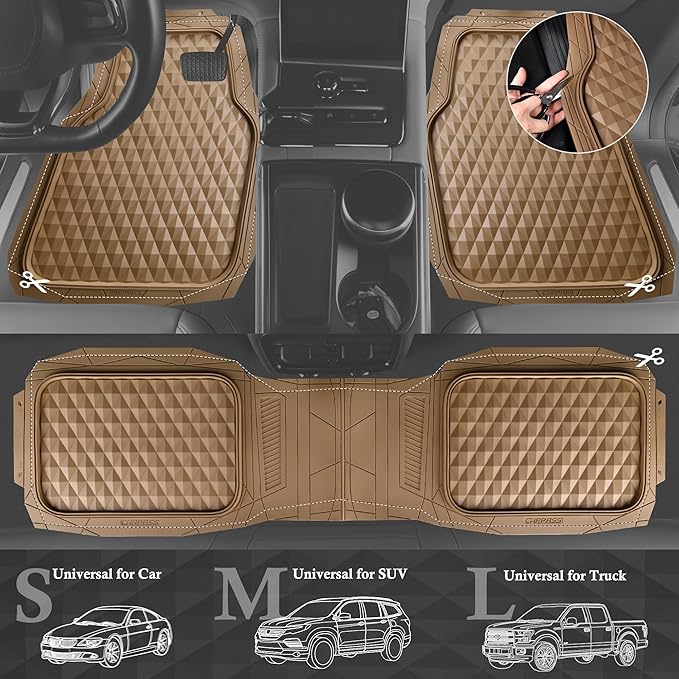 CAR PASS Heavy Duty Rubber Beige Car Floor Mats & Cargo Liners, Deep Dish All-Weather Trunk Mats Durable Anti-Slip 3D Rhombus Waterproof Trim to Fit Liner Universal Fit Auto,Sedan,SUV,Truck, Beige