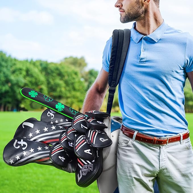 Big Teeth Golf Cover USA Stripe and Star Headcover Covers, Driver Fairway Wood Hybrid Headcovers Fits Blade Mallet Putter Iron and Woods with Magnetic Club Protector Pu Leather Golf Accessories