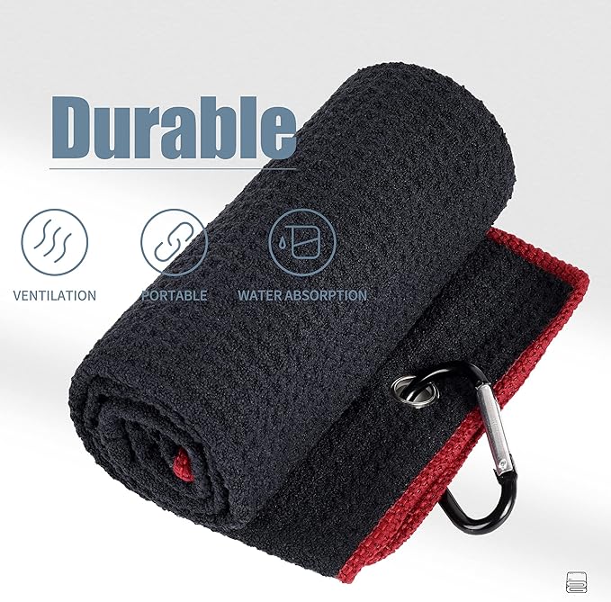Mile High Life Tri-fold Golf Towel | 16" X 24" | Premium Microfiber Fabric | Waffle Pattern | w Heavy Duty Carabiner Clip | for Men and Women (2 Pack Black/Red)