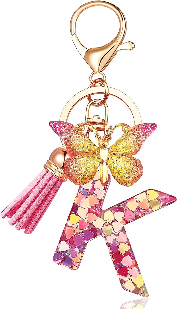 JINGUAZI Initial letter Keychains for Women Tassel Butterfly Pink Purple Cute Car Keychain for Wallet Backpack bag charm