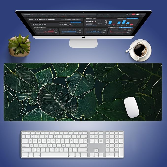 Extended XXL Gaming Mouse Pad with Stitched Edges for PC Home & Office - Lush Green Leafy Pattern with Golden Edges Palm Texture, Smooth Fabric Surface Anti-Slip Natural Rubber Base Large Desk Mat