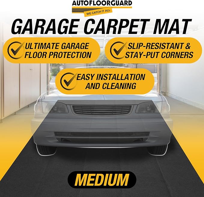 AutoFloorGuard AFG8018 17 Foot x 7.3 Foot Golf Cart Medium Size Garage Carpet Containment Mat with Stay-Put Corners and Anti-Slip Backing, Black