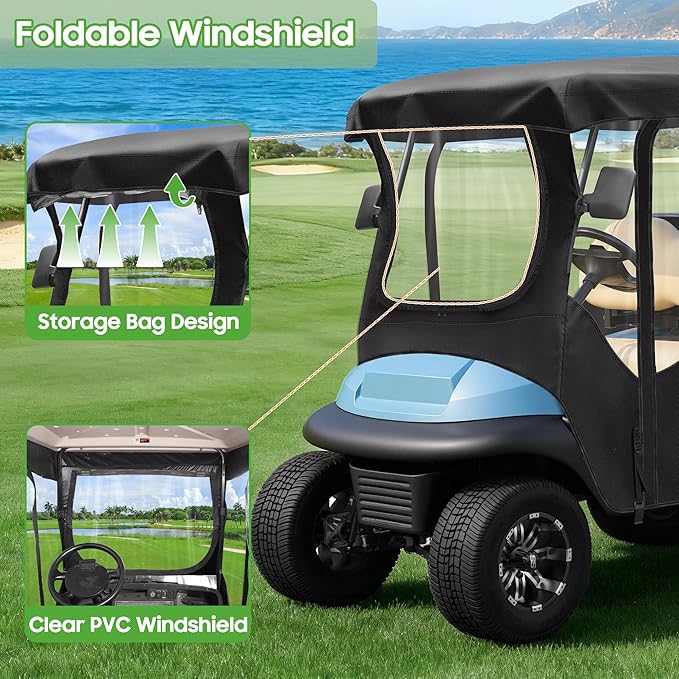 10L0L 4 Passenger Golf Cart Enclosure for Club Car Precedent/Onward/Tempo -94.5'' Extended Roof with Security Side Mirror Openings,600D Waterproof Portable Golf Cart Rain Cover Driving Enclosure