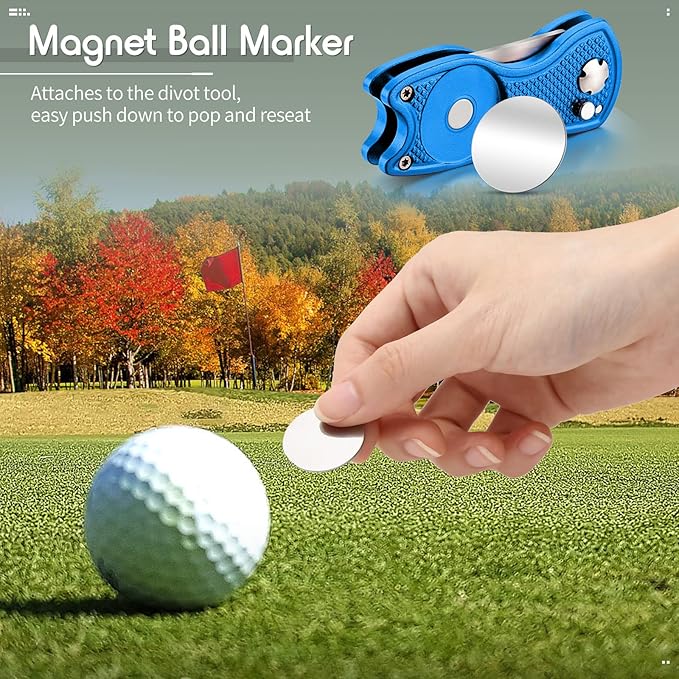 Skylety 4 Pcs Golf Divot Repair Tool Metal Foldable Golf Divot Tool with Magnetic Pop-up Button Ball Marker Stainless Steel Switchblade for Golfers Prizes
