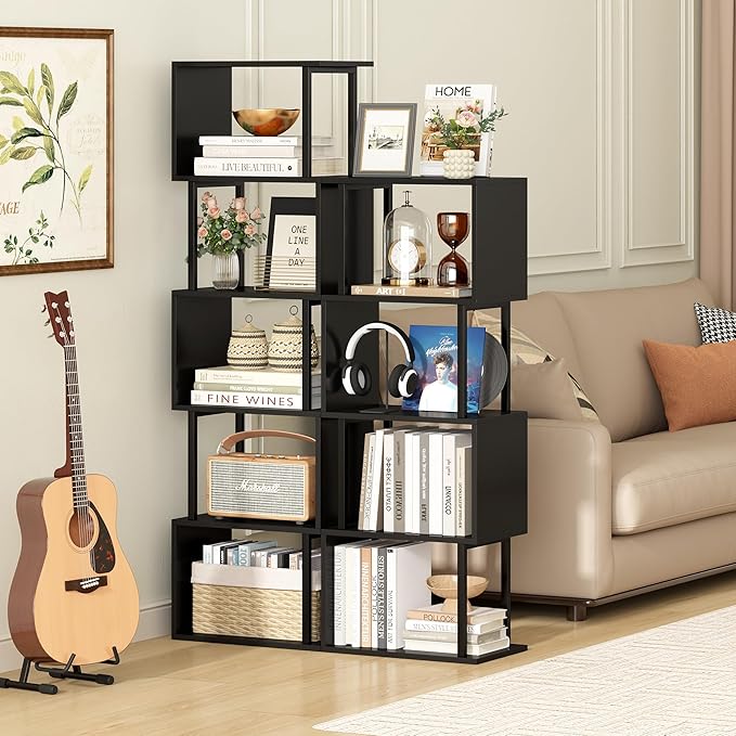 Yusong Bookshelf 5-Tier, Geometric Bookcase S Shaped Book Shelves for Bedroom, Modern Wood Decorative Display Shelf Corner for Home Office, Black