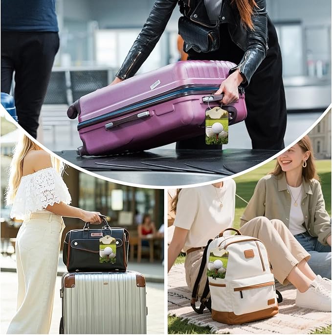 3 Pack Golf Ball Luggage Tags for Suitcase PU Leather Travel Luggage Tag Privacy Cover ID Label with Stainless Steel Loop for Women Men Baggage Backpack Handbag School Bag