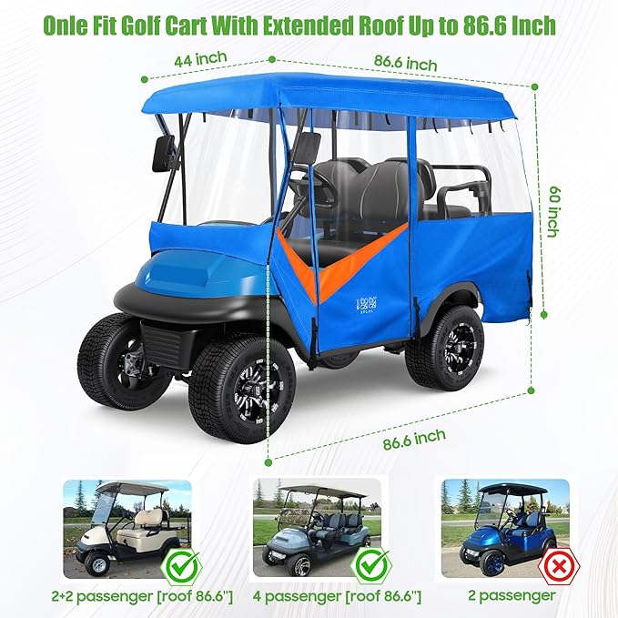 10L0L 4 Passenger Golf Cart Enclosure - 86" Roof Fit, Universal Golf Cart Cover for Yamaha Club Car EZGO,Waterproof 600D Rain Cover,Transparent Tail Light Panel,Foldable Door,4-Sided Clear Windows