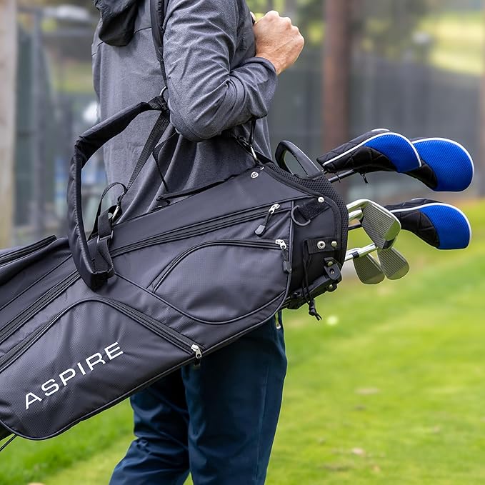 Aspire XD1 Senior Men’s 14-Piece Golf Set – 460cc Titanium Driver, Wood, Hybrid, 6-PW Irons, Putter, Stand Bag, 3 Headcovers and Cover – RH
