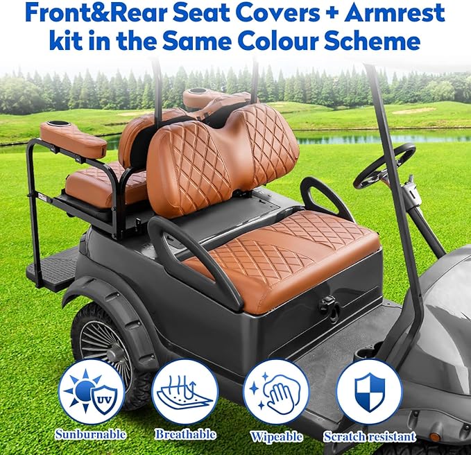 NOKINS Golf Cart Seat Covers for Club Car Precedent, Vinyl Front&Rear Seat Cover with Flip-Up Armrests kit, with Cup Holder, for 1" Square Tube (All Brown)