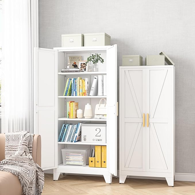 71H Tall Metal Storage Cabinet with 2 Doors and Adjustable Shelves,Farmhouse Storage Cabinet with Barn Doors,Pantry Storage for Home,Office,Dining Room,Kitchen,Bathroom(White)
