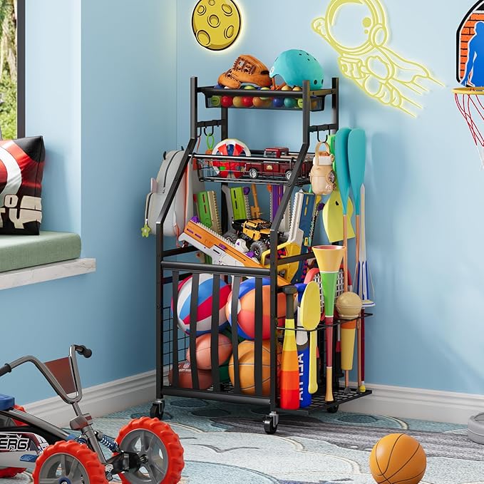 Sports Equipment Garage Organizer,Garage Ball Storage Rack with Elastic Straps,Small Rolling Ball Holder Cart with Wheels for Sports Gear,Indoor/Outdoor Toy Storage with Hooks and Baskets,BK