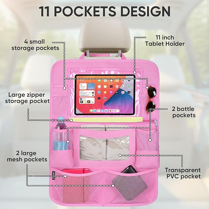 BALEINE Backseat Car Organizer, Back Seat Car Organizers and Storage, Kick Mats Back Seat Protector, Travel Accessories for Most Automotive (1 Pack, Pink)