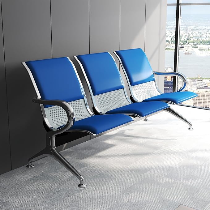 Kinfant 3-Seat PU Leather Waiting Room Bench – Blue Reception Chair for Office, Hospital, Bank, Salon, Airport