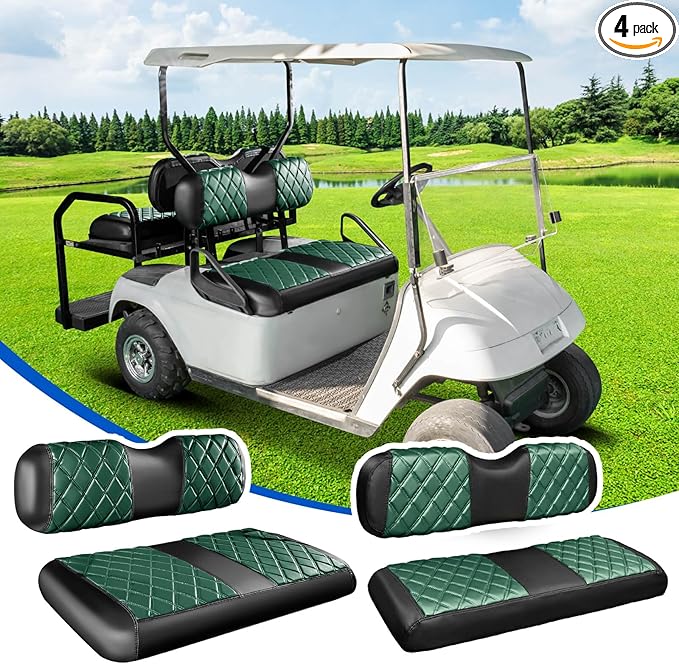 NOKINS 4PCS Golf Cart Diamond Seat Covers Kit, Front&Rear Seat Covers Fits EZGO TXT 1994-2013/EZGO RXV Standard Seat Cushion, EZGO Vinyl Seat Cover Accessories, No Staples (Dark Green&Black)