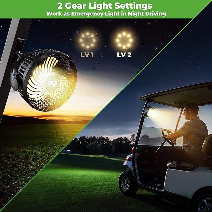 10L0L 2 Pack Magnetic Golf Cart Fans Rechargeable Big Battery Powered Portable Fan,3 Speeds/2 LED Light/56 Hrs Runtime/360°Rotatable with Magnetic Base,USB & Type C Ports,Summer Golf Cart Accessories