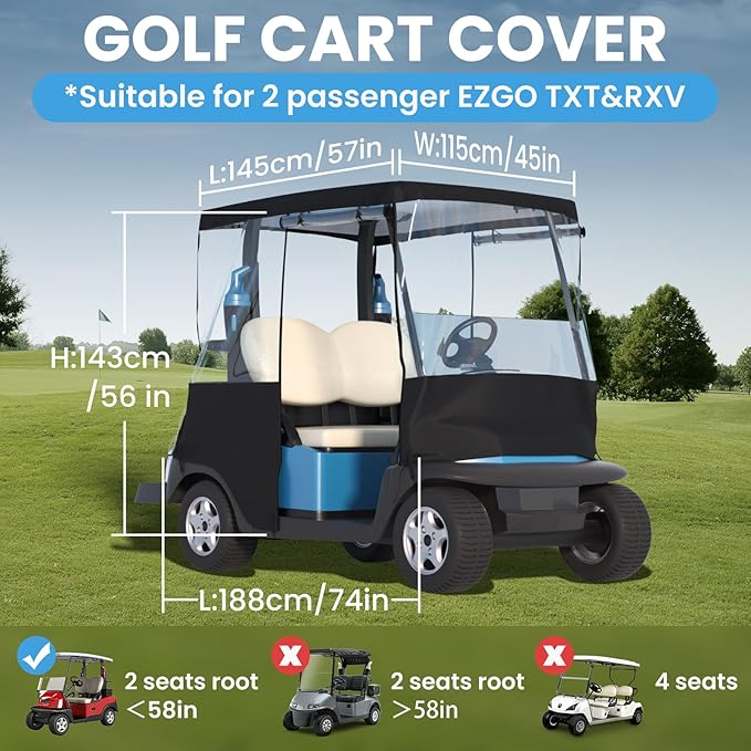 Golf Cart Cover, For 2 Seater, Driving Use, 4 Sides Rolled Up, Waterproof, Windproof, Dustproof, 600D Waterproof Oxford Cloth, Super Transparent EVA, For Club Car Precedent/Tempo/ Onward, EZGO