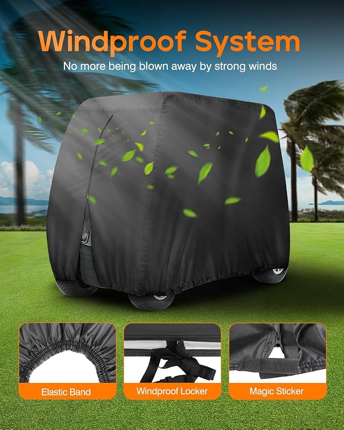 Golf Cart Cover 2 Passenger Heavy Duty, 420D Waterproof Golf Cart Covers Extended Roof Compatible with EZ GO Club Car Yamaha Golf Carts, Outdoor Dustproof 2 Seat Club Car Cover (Up to 95 Inch)