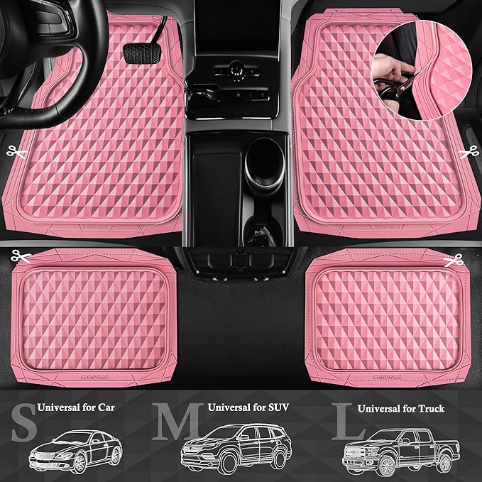 CAR PASS Heavy Duty Rubber Pink Car Floor Mats & Cargo Liners, Deep Dish All-Weather Trunk Mats Durable Anti-Slip 3D Rhombus Waterproof Trim to Fit Liner Universal Fit Auto,Sedan,SUV,Truck, Pink