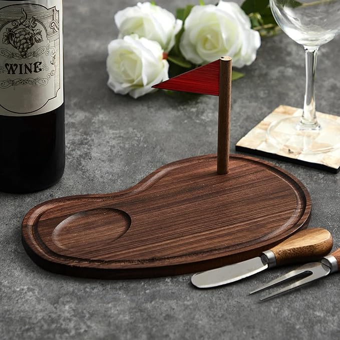 Golf Cheese Board Gift Set Golf Party Favor Prizes Charcuterie Wood Board with Knives and Box Father Day Gift for Dad Grandpa Party Tournament Game(Walnut,15 x 8.3 x 0.47 ")