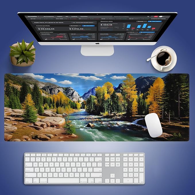 Wknoon. Extra Large Gaming & Office Mouse Pad (31.5" x 11.8") – Natural Landscape Mountains of Colorado with Forest & River Summer Foliage Idyllic Design, XXL Desk Mat with Durable Stitched Edges