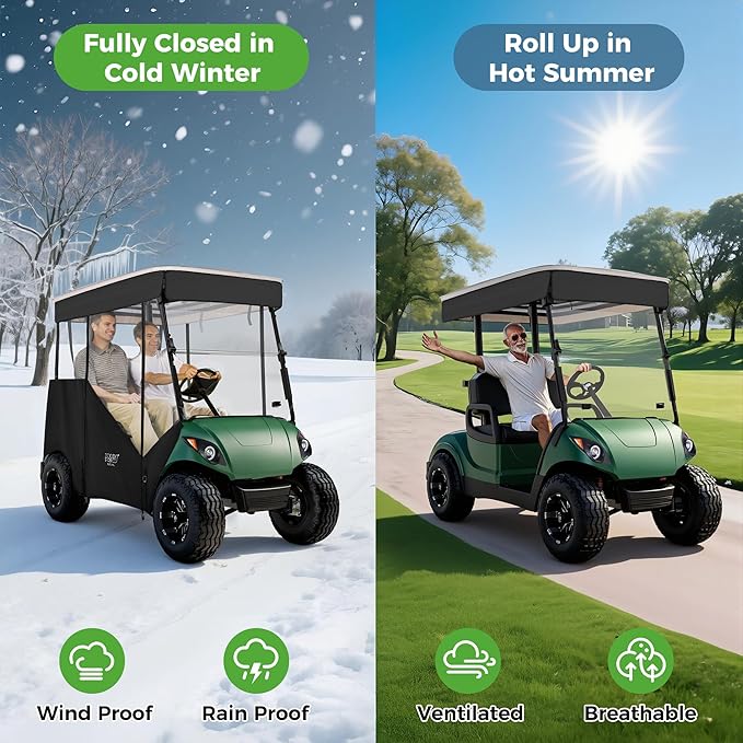 10L0L 3-Sided Track Style Golf Cart Enclosure fit 2 Passenger Yamaha G29 Drive,Waterproof 600D Oxford Cloth Yamaha Rain Cover with Aluminum Pre-Drilled Track,Clear PVC Windshield-Black Valance