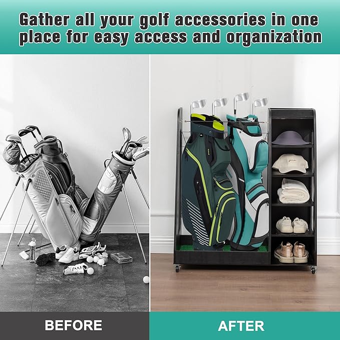 CHARMMA Golf Bag Organizer for Garage, Premium Wooden Golf Clubs Storage Rack Fit 2 Golf Bags, Golf Trunk Organizer for Car Garage Club Shed Basement,35.50x18.00x40.00in
