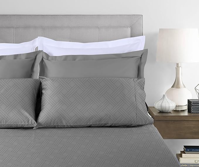 Threadmill Luxury 100% Cotton Queen Bed-Sheets - 800 Thread Count Jacquard Celine Dark Grey, Better Than Egyptian Cotton,4 Pc Striped Bed Set, Damask Sheets with Elasticized Deep Pocket